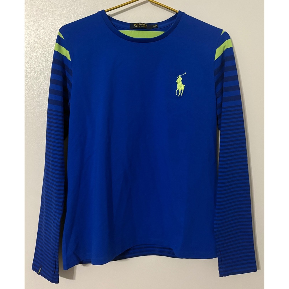 Polo Golf Ralph Lauren Women Blue Lime Green Striped Long Sleeve Pima Cotton XL